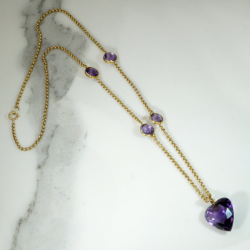Faceted Amethyst Heart on Amethyst-Studded 18k Chain