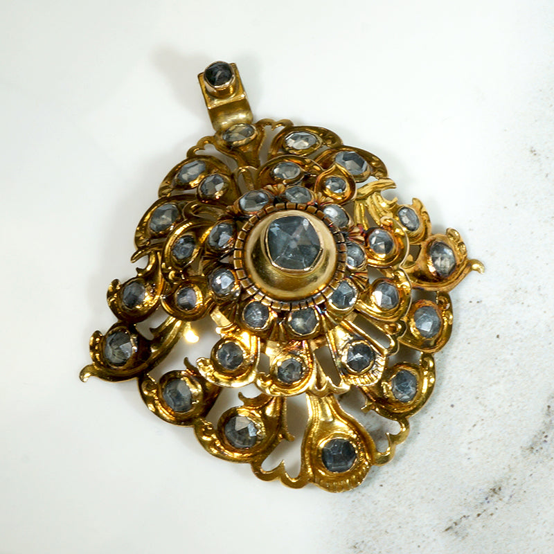 Astonishing Rose Cut White Sapphire & Gold Georgian Pendant
