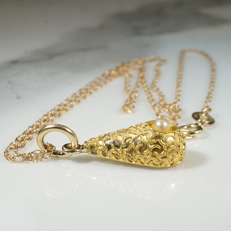 Etruscan Revival Gold Filigree & Pearl Pendant