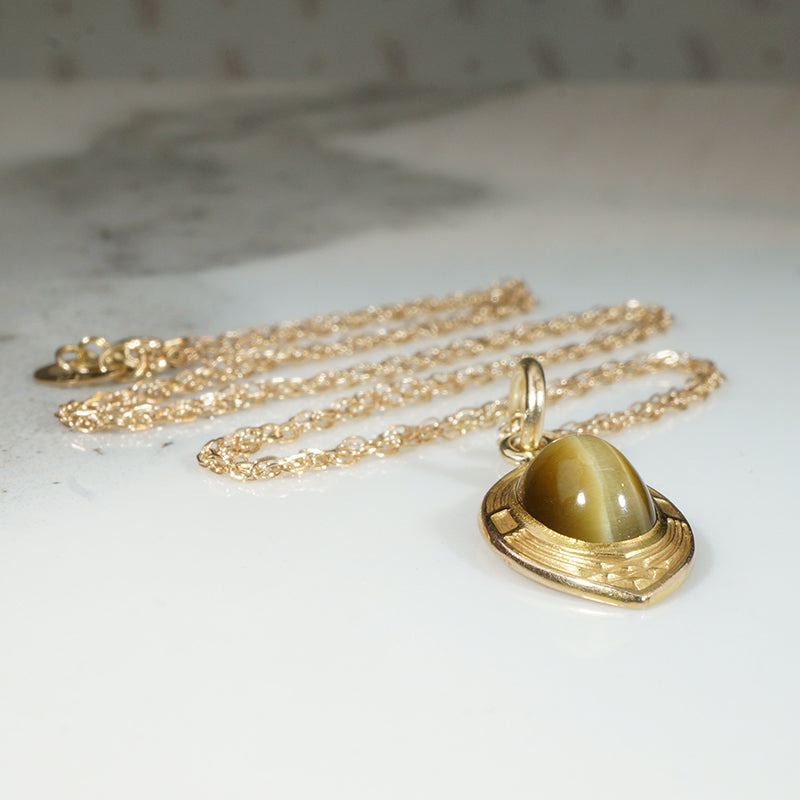Buttery Tigers Eye in Engraved Gold Arts & Crafts Pendant