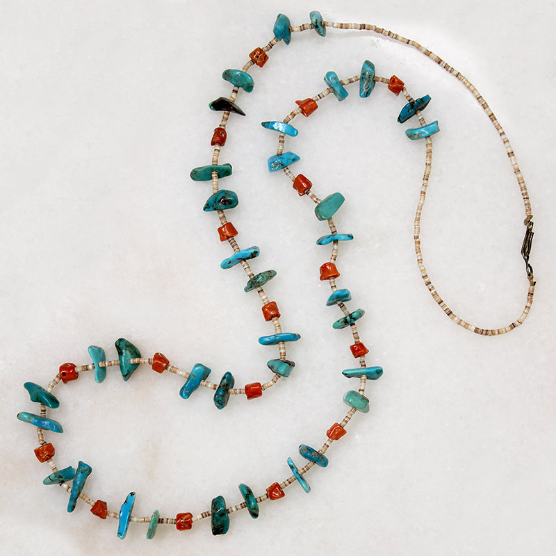 Long Turquoise, Coral & Heishi Bead Necklace