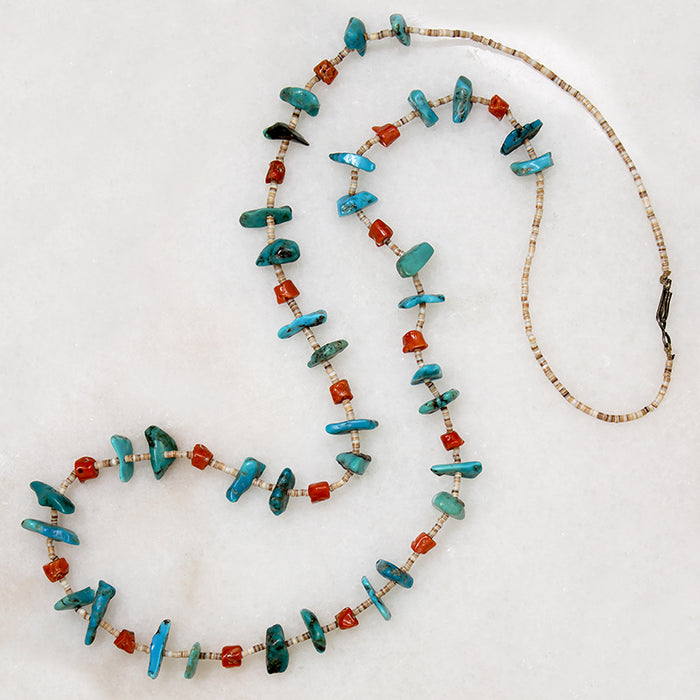 Long Turquoise, Coral & Heishi Bead Necklace