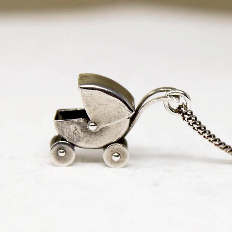 Miniature Sterling Baby Carriage Charm Necklace