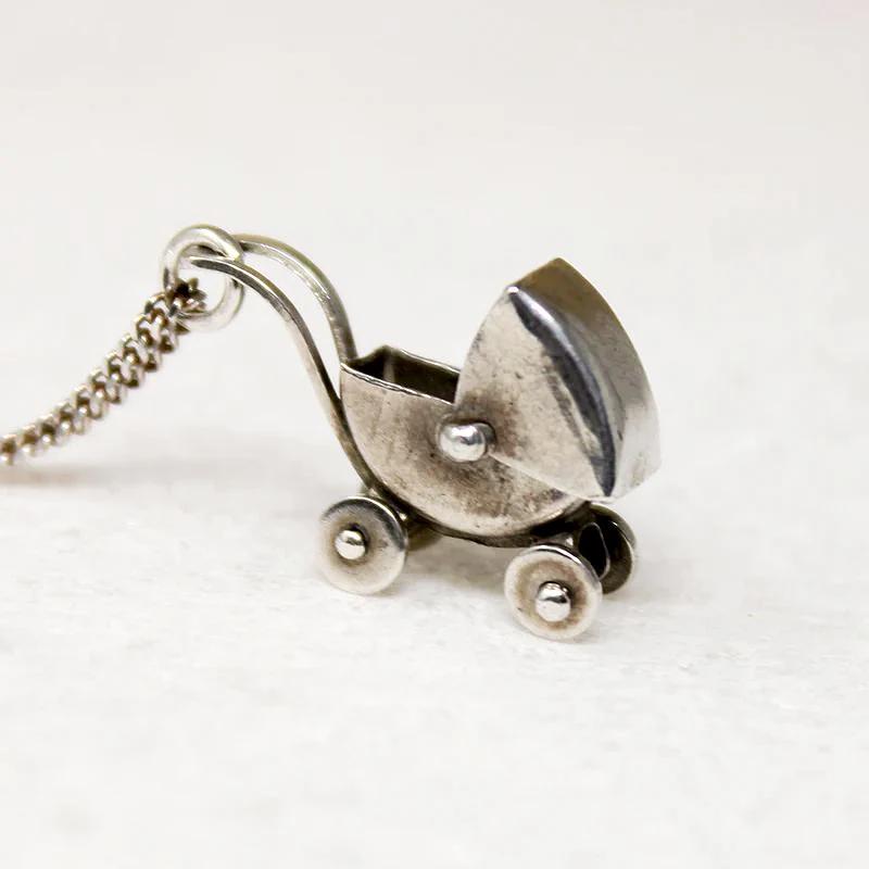 Miniature Sterling Baby Carriage Charm Necklace
