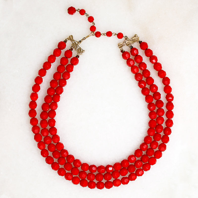Three-Strand Faceted Red Glass Bead Necklace