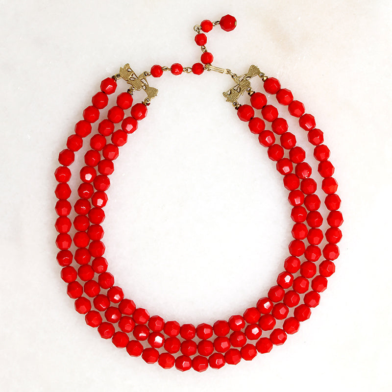 Three-Strand Faceted Red Glass Bead Necklace