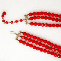 Three-Strand Faceted Red Glass Bead Necklace