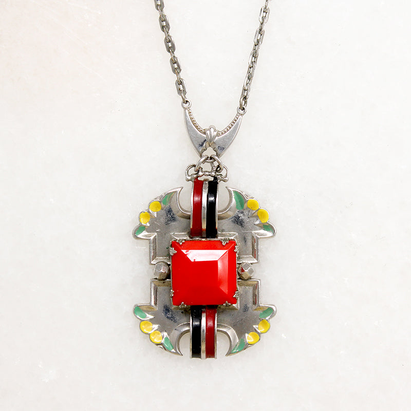 Czech Red Glass & Enamel Silver Tone Necklace