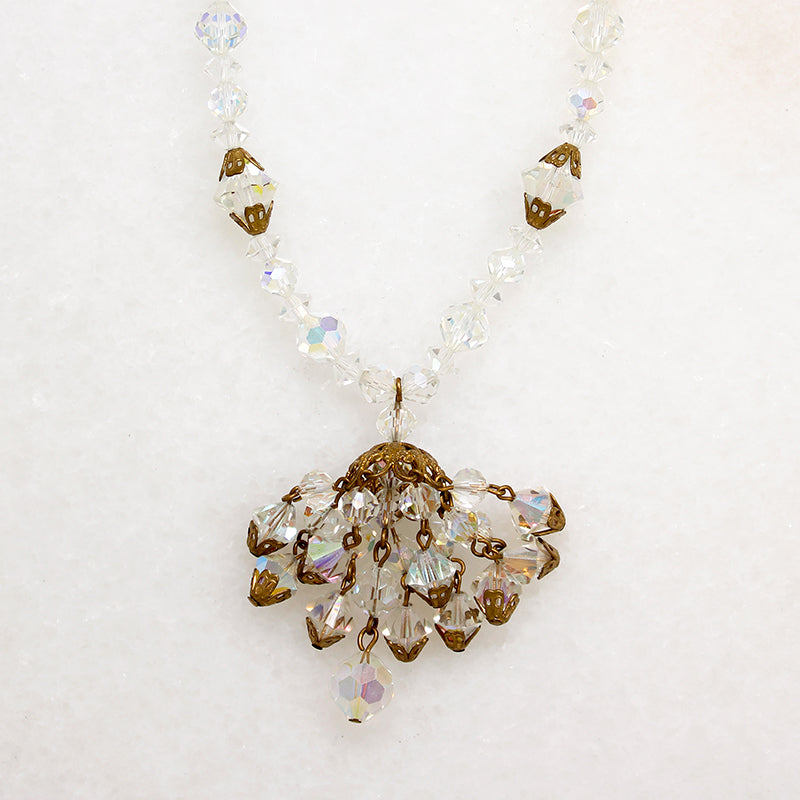 Aurora Borealis Beads & Brass Filigree Tassel Necklace