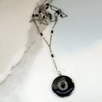 Black Enamel Laurel Wreath Locket on Silver Lorgnette Chain