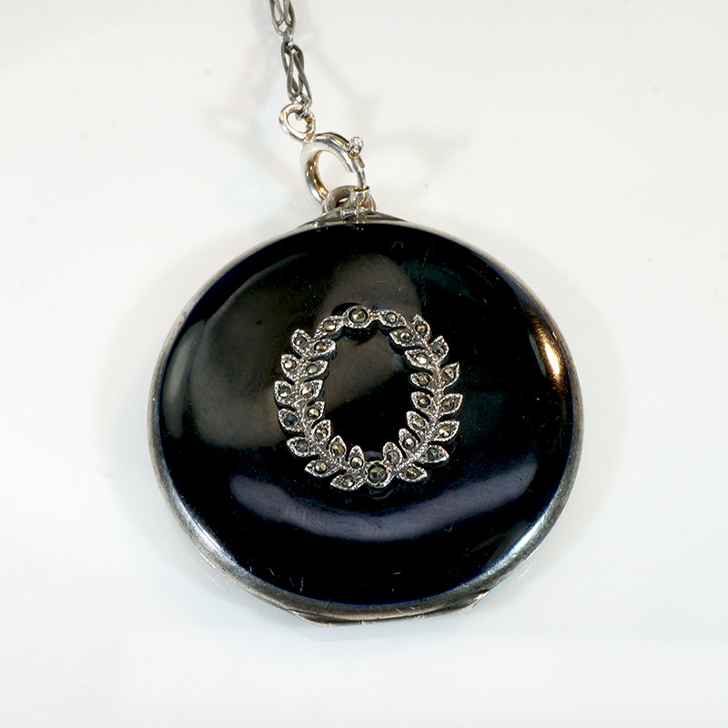Black Enamel Laurel Wreath Locket on Silver Lorgnette Chain