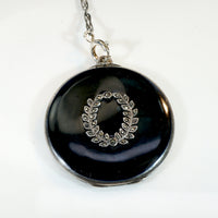 Black Enamel Laurel Wreath Locket on Silver Lorgnette Chain