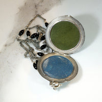 Black Enamel Laurel Wreath Locket on Silver Lorgnette Chain