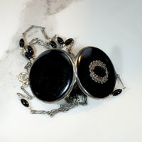 Black Enamel Laurel Wreath Locket on Silver Lorgnette Chain