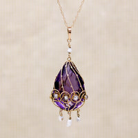 Elven Gold-Wrapped Amethyst & Pearl Pendant