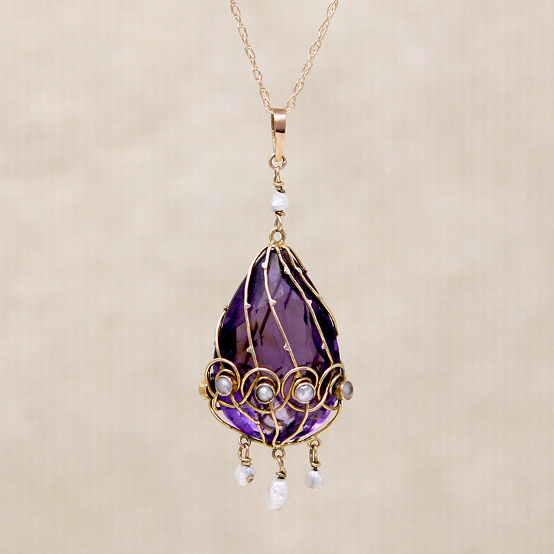 Elven Gold-Wrapped Amethyst & Pearl Pendant