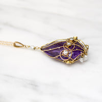 Elven Gold-Wrapped Amethyst & Pearl Pendant