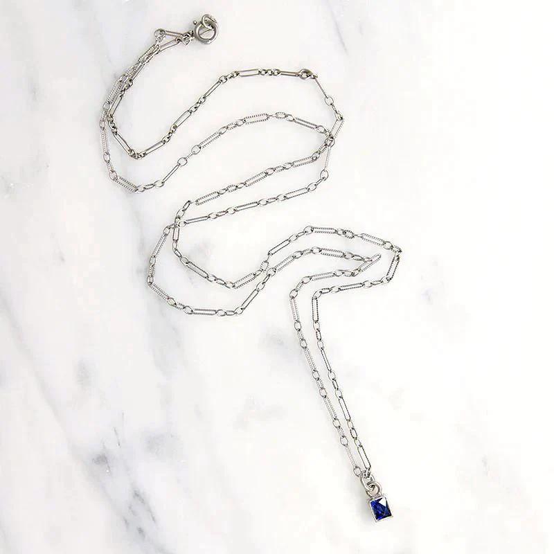 Velvety Square Sapphire Solitaire Necklace