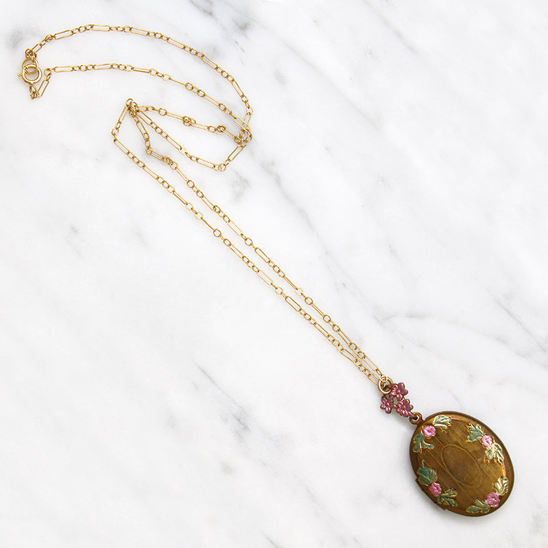 Adorable Brass Locket Enameled with Roses