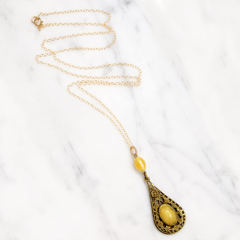 Brass Filigree & Yellow Glass Deco Drop Pendant