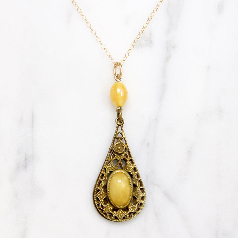 Brass Filigree & Yellow Glass Deco Drop Pendant