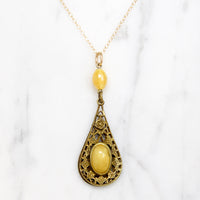 Brass Filigree & Yellow Glass Deco Drop Pendant