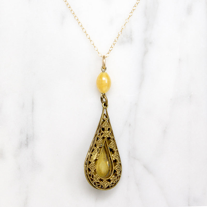 Brass Filigree & Yellow Glass Deco Drop Pendant