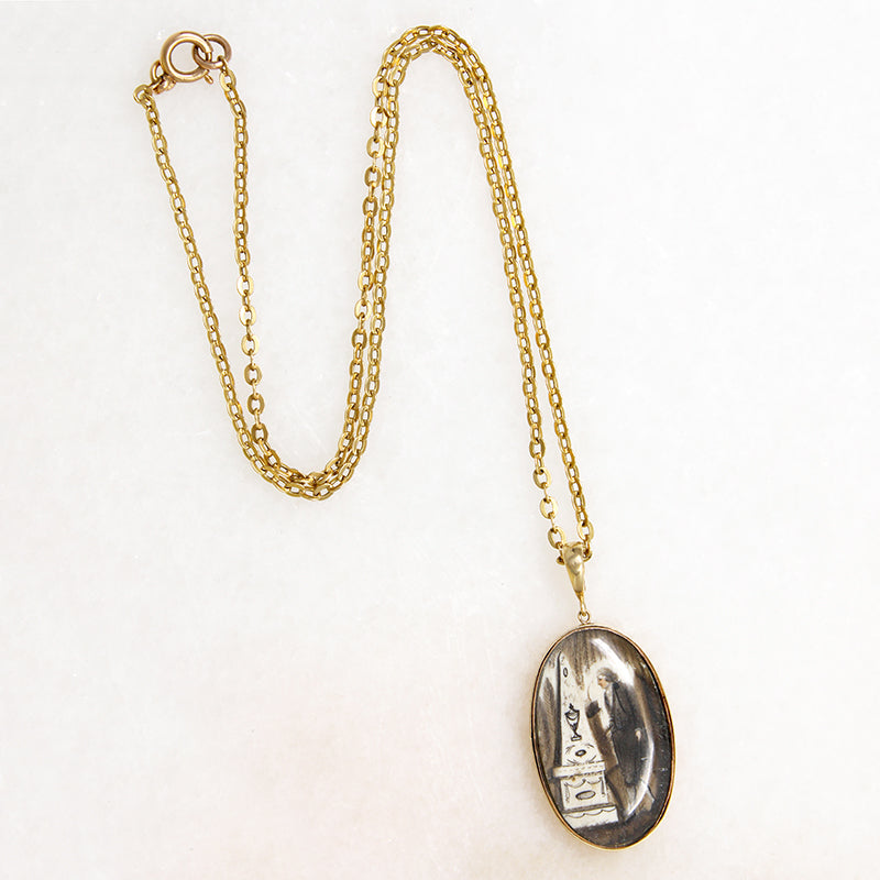 Somber Miniature Painting in Gold Pendant