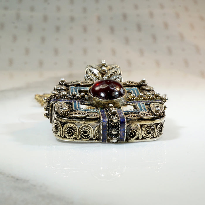 Elaborate Silver Gilt Pendant with Enamel & Garnet