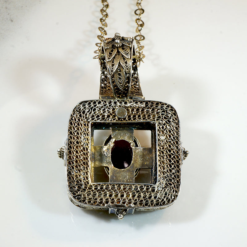 Elaborate Silver Gilt Pendant with Enamel & Garnet