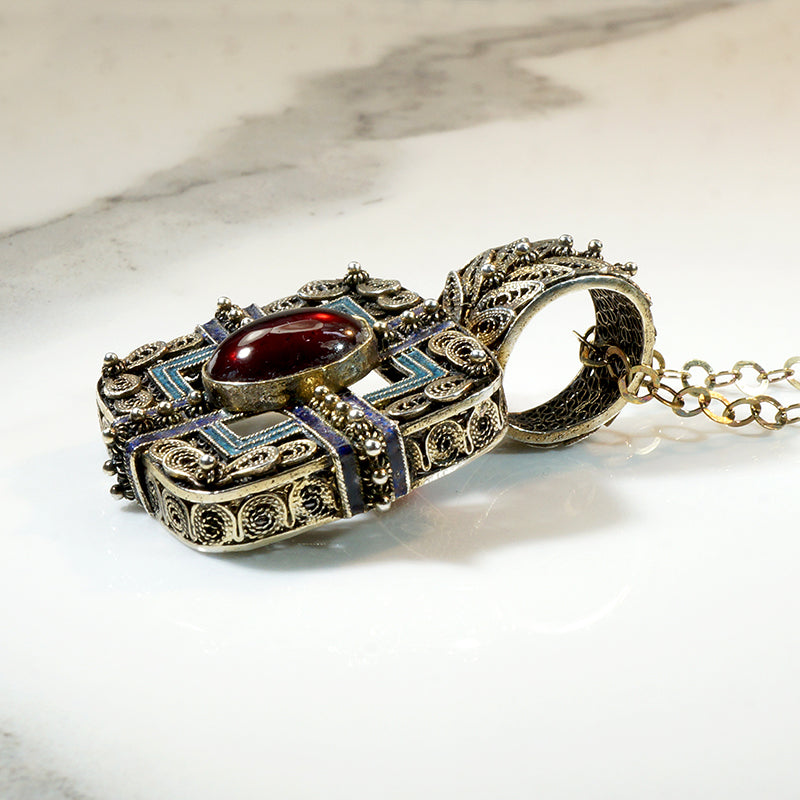 Elaborate Silver Gilt Pendant with Enamel & Garnet