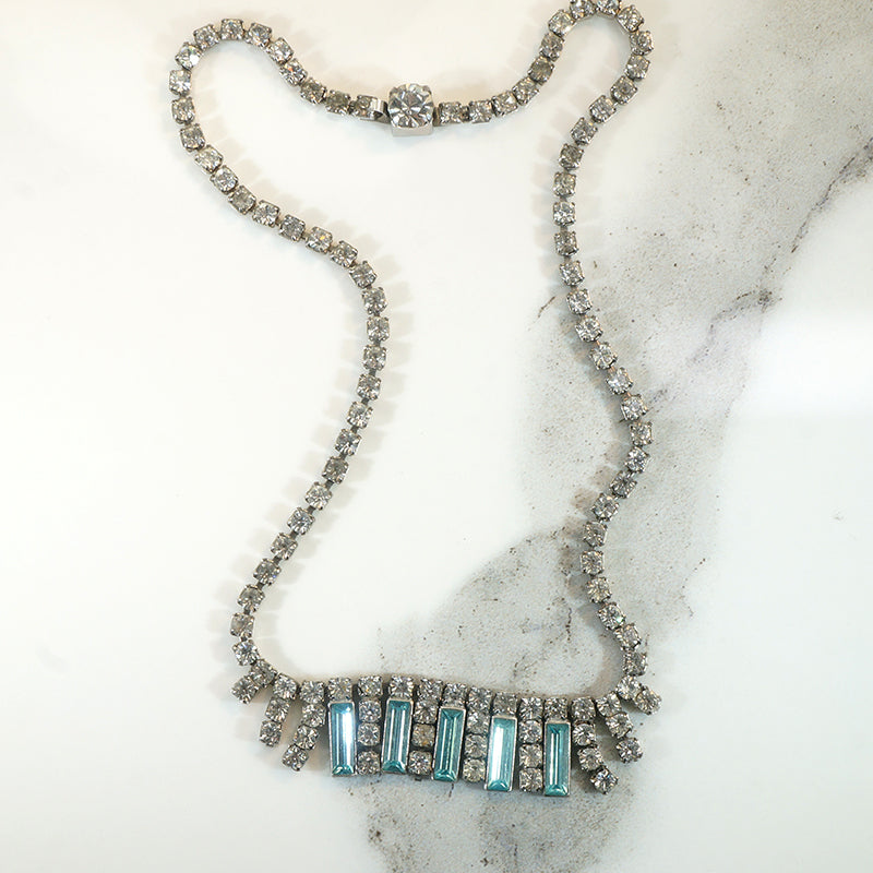 Aqua Baguette & Round White Rhinestone Fringe Necklace