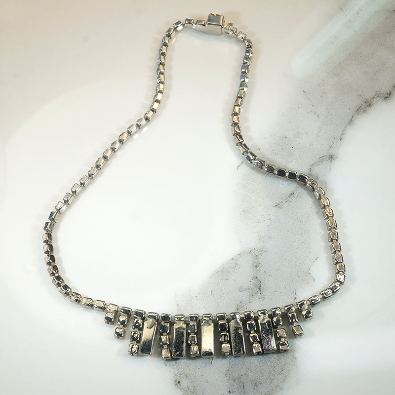 Aqua Baguette & Round White Rhinestone Fringe Necklace
