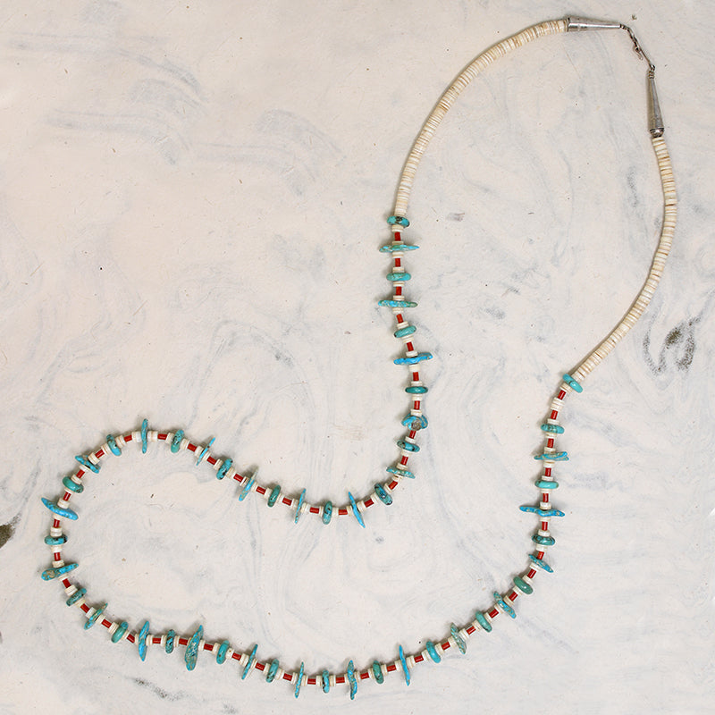 Turquoise Tabs, Coral Tubes & Shell Heishi Bead Necklace