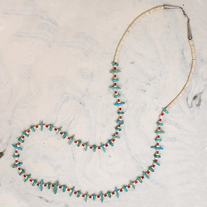 Turquoise Tabs, Coral Tubes & Shell Heishi Bead Necklace
