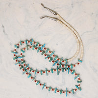 Turquoise Tabs, Coral Tubes & Shell Heishi Bead Necklace