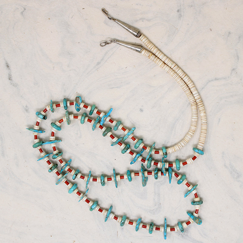 Turquoise Tabs, Coral Tubes & Shell Heishi Bead Necklace