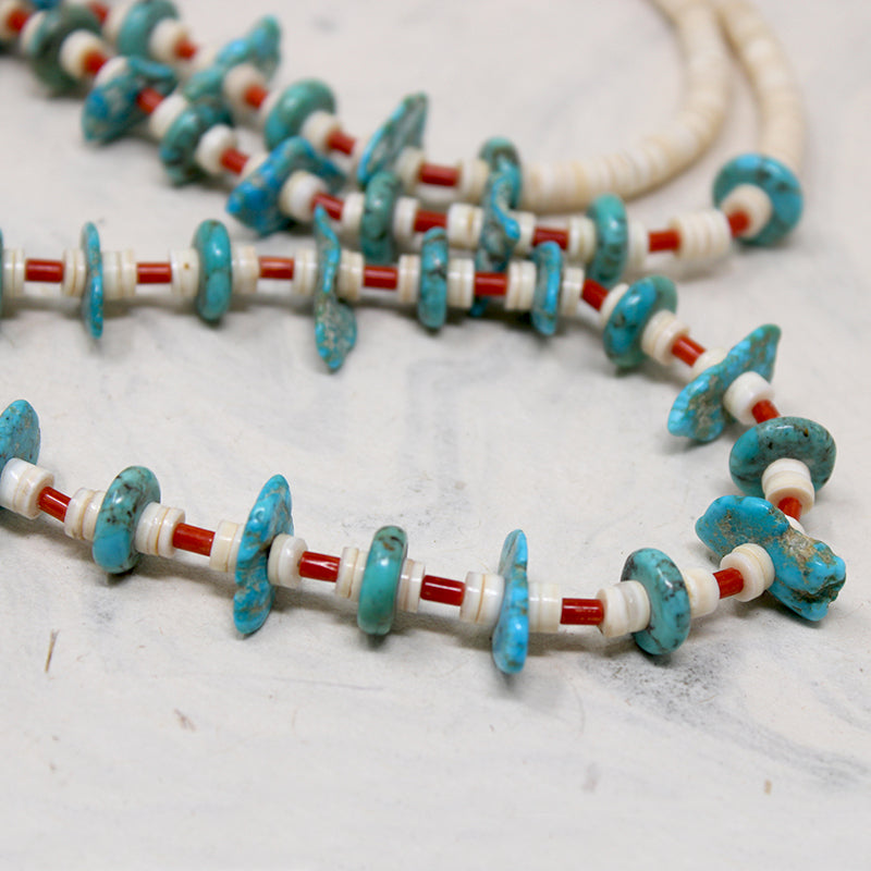 Turquoise Tabs, Coral Tubes & Shell Heishi Bead Necklace