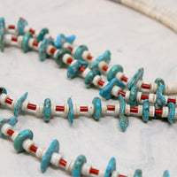 Turquoise Tabs, Coral Tubes & Shell Heishi Bead Necklace