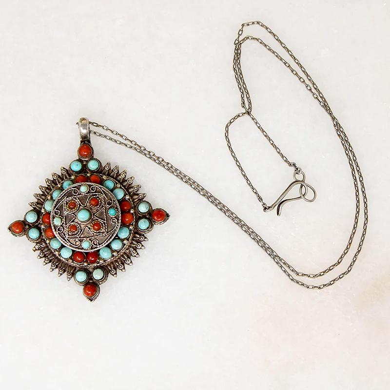 Silver Filigree Cruciform Pendant with Turquoise & Coral