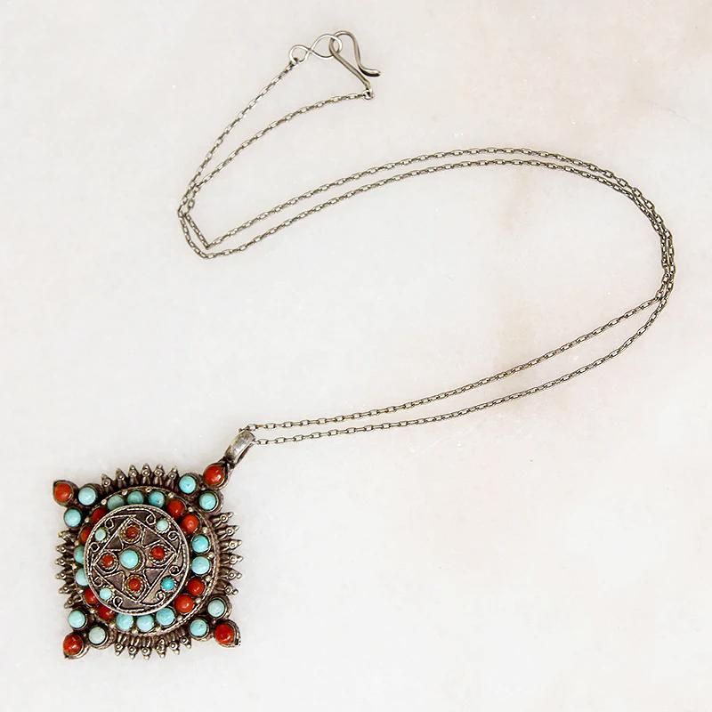Silver Filigree Cruciform Pendant with Turquoise & Coral
