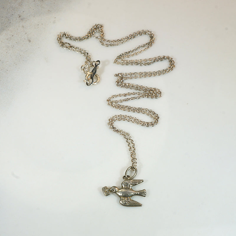French Silver Love Token Bird Necklace