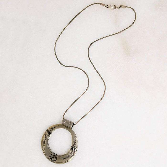 Engraved & Enameled White Brass Pendant