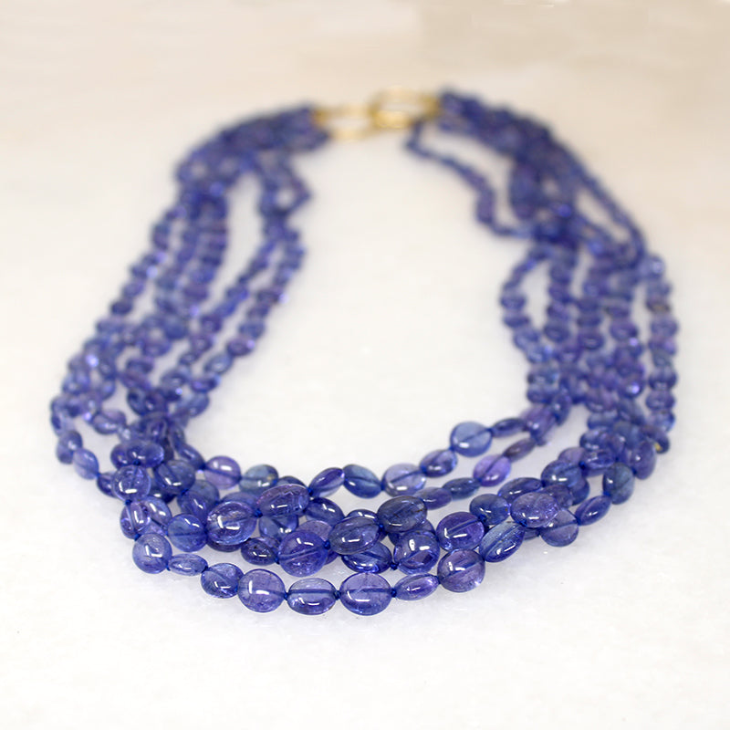 Dreamy Five Strand Tanzanite Beads with Gold Clasp