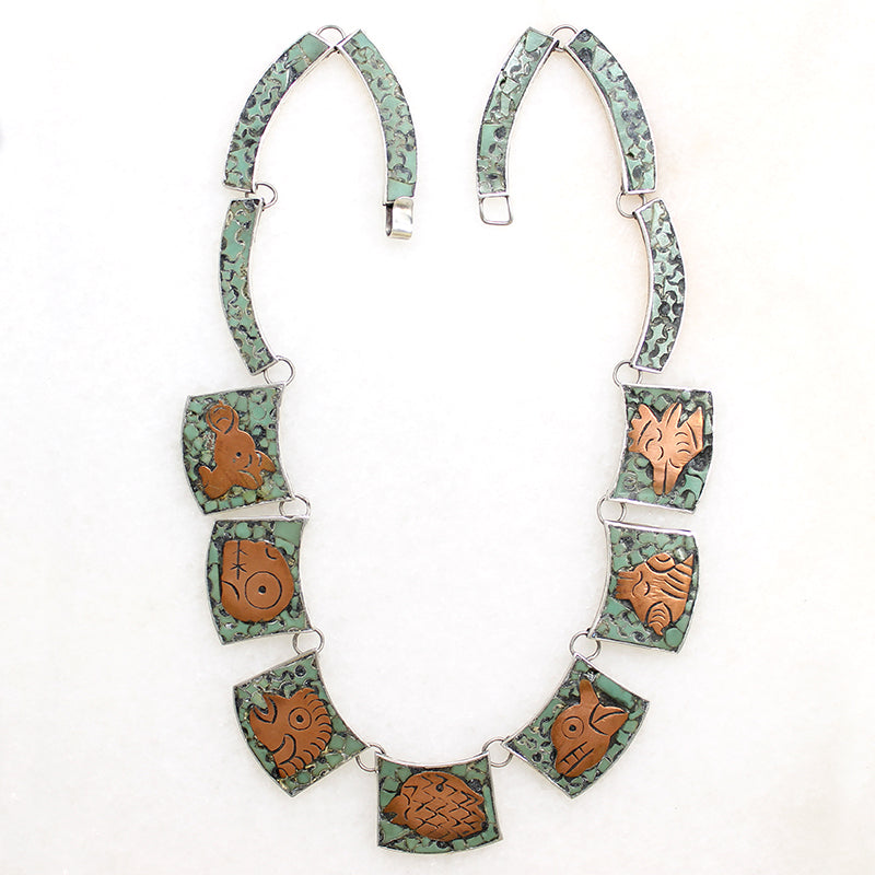 Whimsical Copper & Turquoise Animal Inlay Necklace