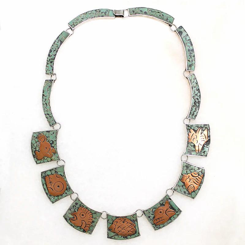 Whimsical Copper & Turquoise Animal Inlay Necklace