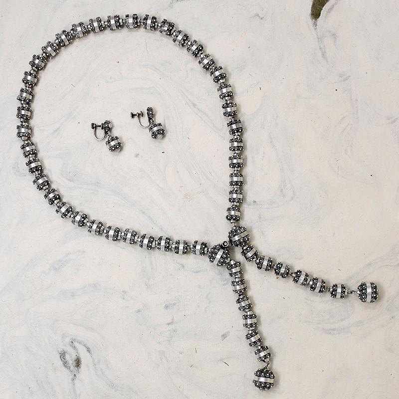 Mexican Modernist Sterling Cannetille Bead Lariat Necklace