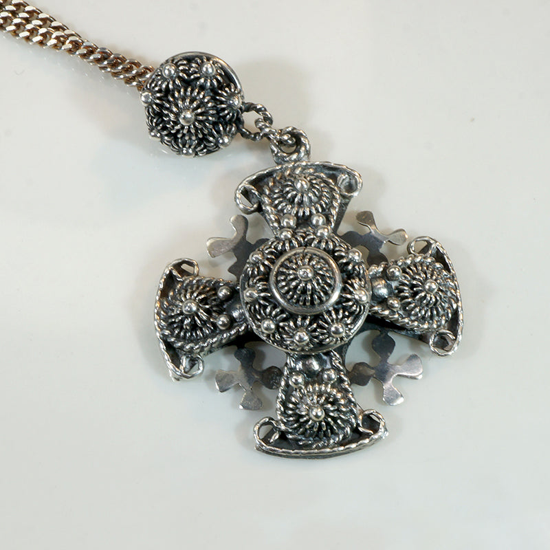 Mexican Sterling Cannetille Jerusalem Cross Necklace