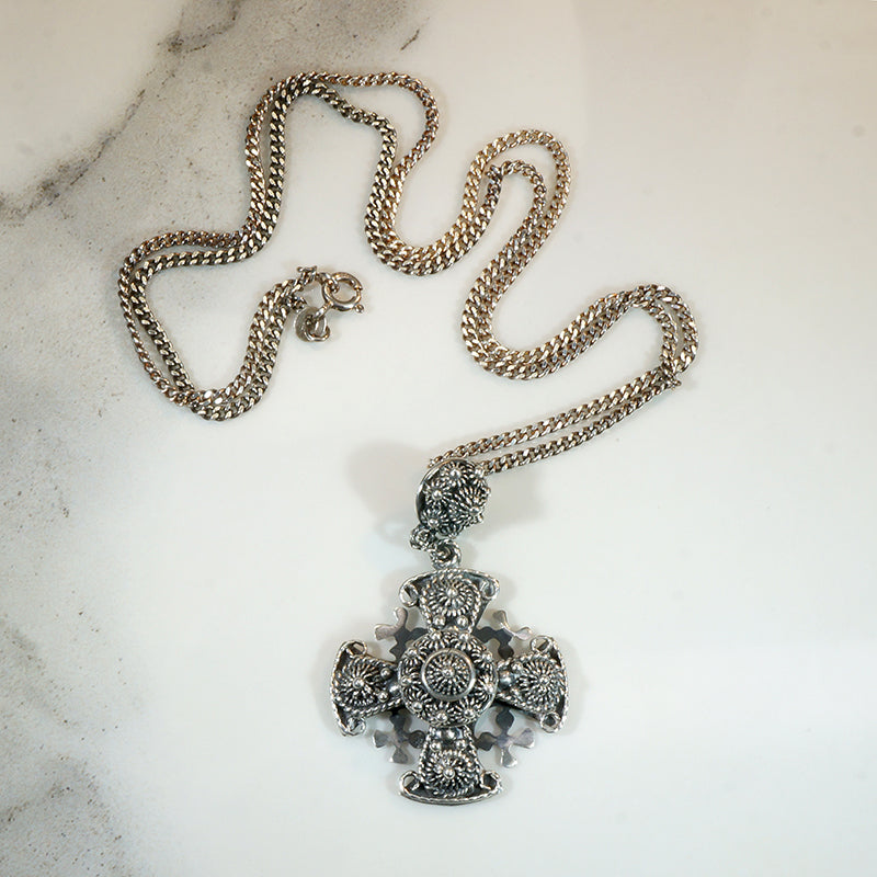 Mexican Sterling Cannetille Jerusalem Cross Necklace