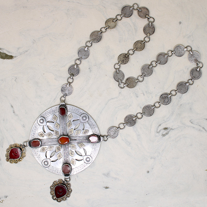 Monumental Turkmen Fire Gilded Silver Necklace 